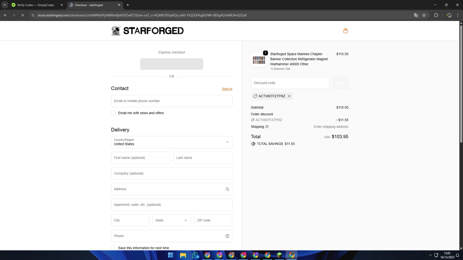 starforged discount code screenshot showing code ACTW6TFZ7PRZ applied at starforged checkout page. Uploaded by SimplyCodes community member SAIKOO on Dec 16, 2025