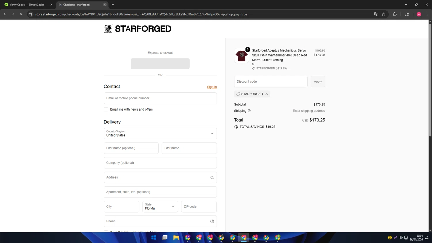 starforged checkout page showing starforged discount code box | Screenshot taken by SimplyCodes community member on Jan 27, 2026