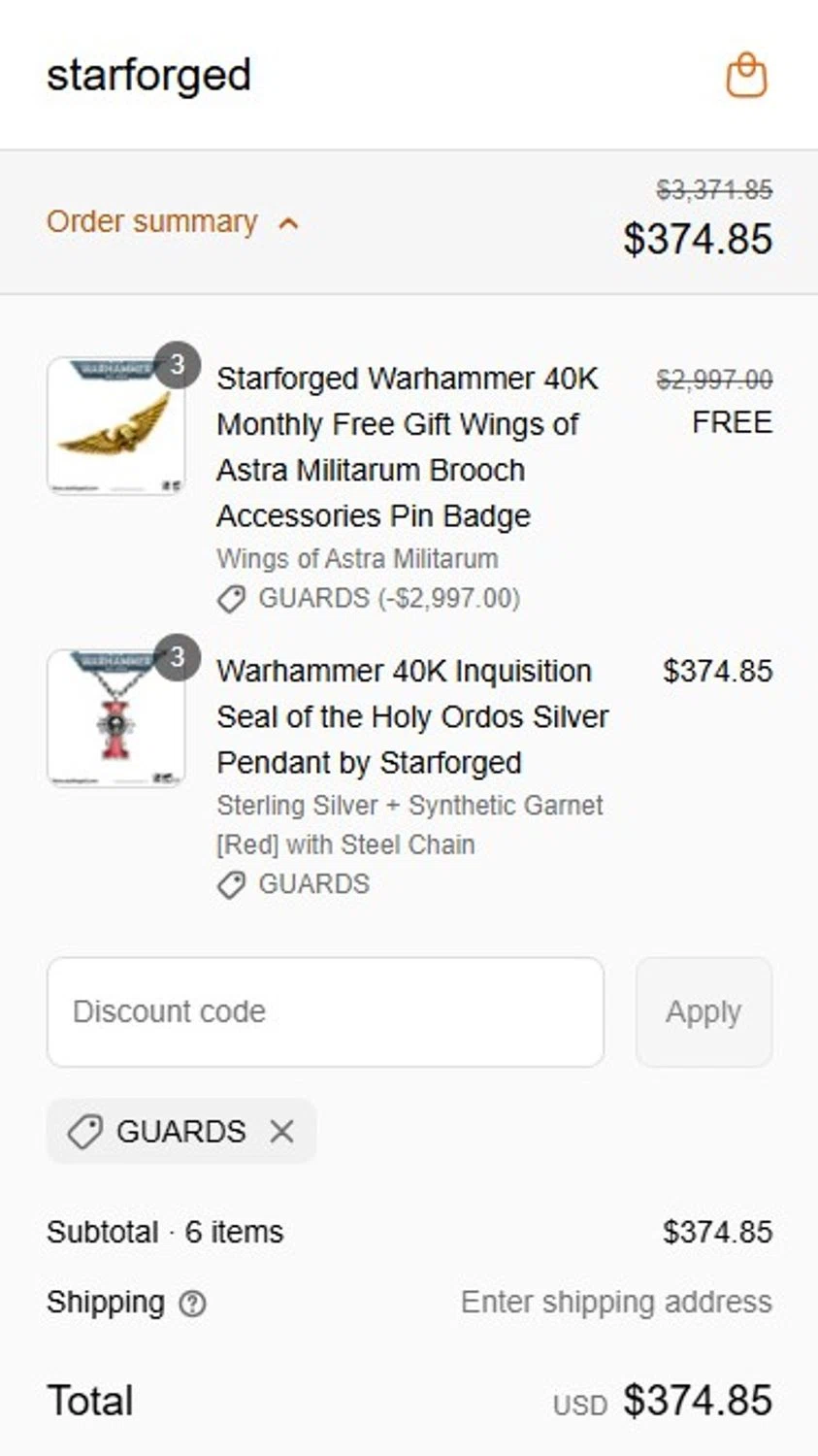 starforged discount code screenshot showing code GUARDS applied at starforged checkout page. Uploaded by SimplyCodes community member RonaldoM32 on May 15, 2025