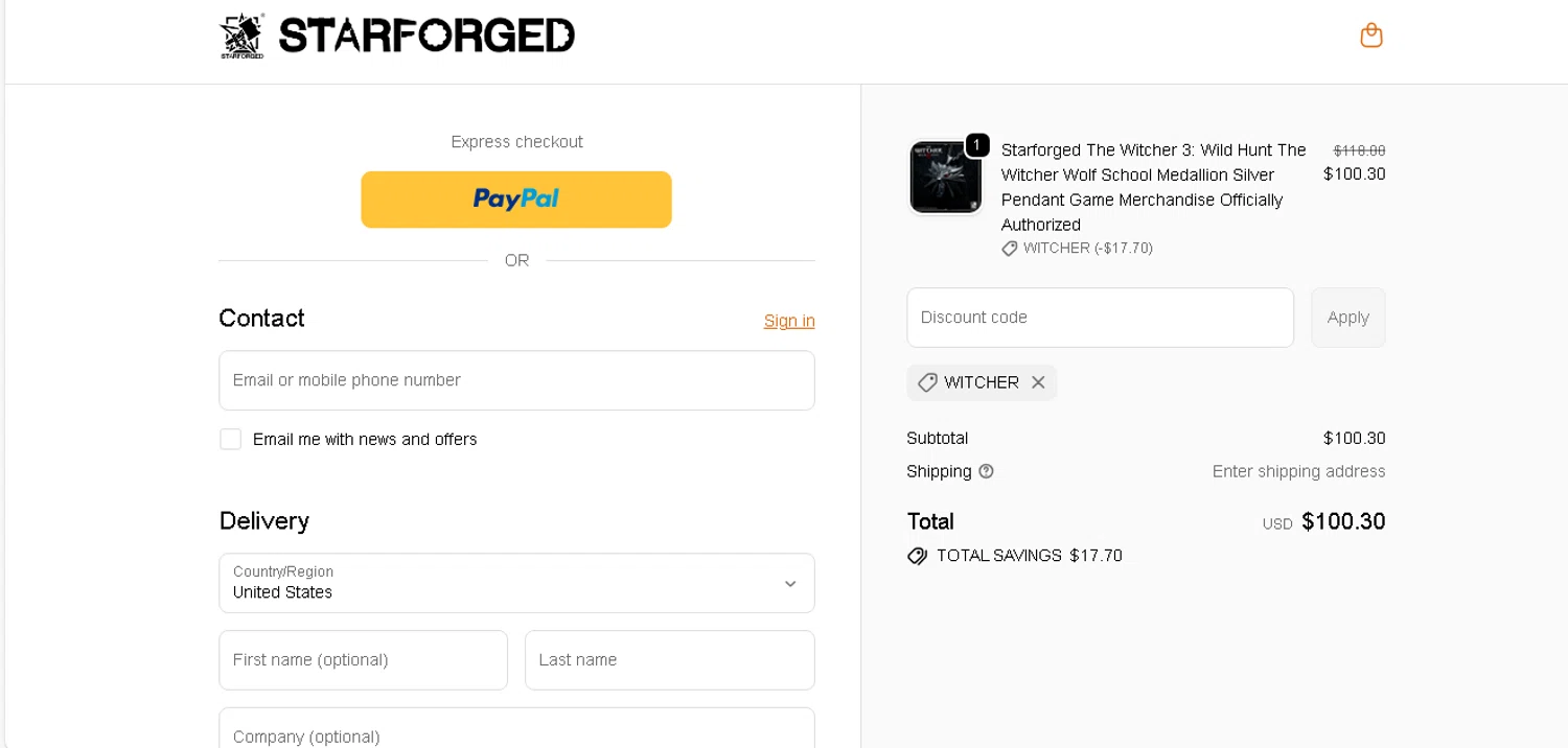 starforged discount code screenshot showing code WITCHER applied at starforged checkout page. Uploaded by SimplyCodes community member shark12 on Dec 7, 2025