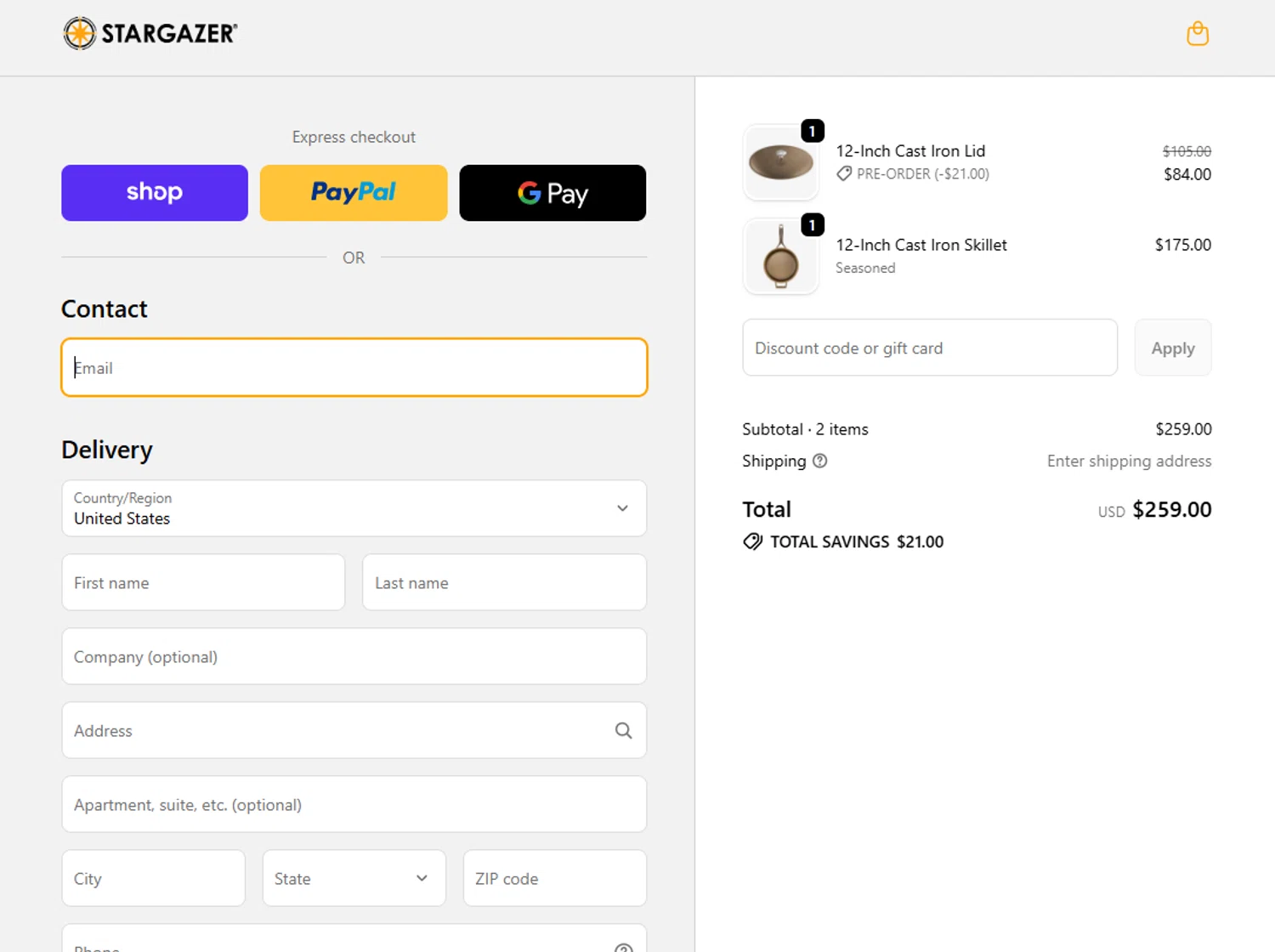 Stargazer Cast Iron promo code screenshot showing code PRE-ORDER applied at Stargazer Cast Iron checkout page. Uploaded by SimplyCodes community member valeriaantonieta on Jun 15, 2026