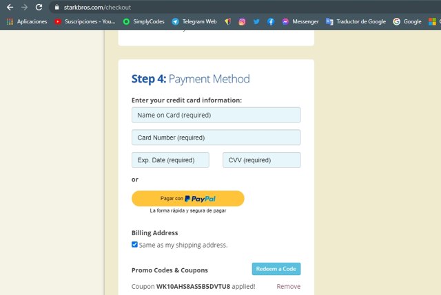 Stark Bro's checkout page showing Stark Bro's promo code box | Screenshot taken by SimplyCodes community member on Apr 29, 2021