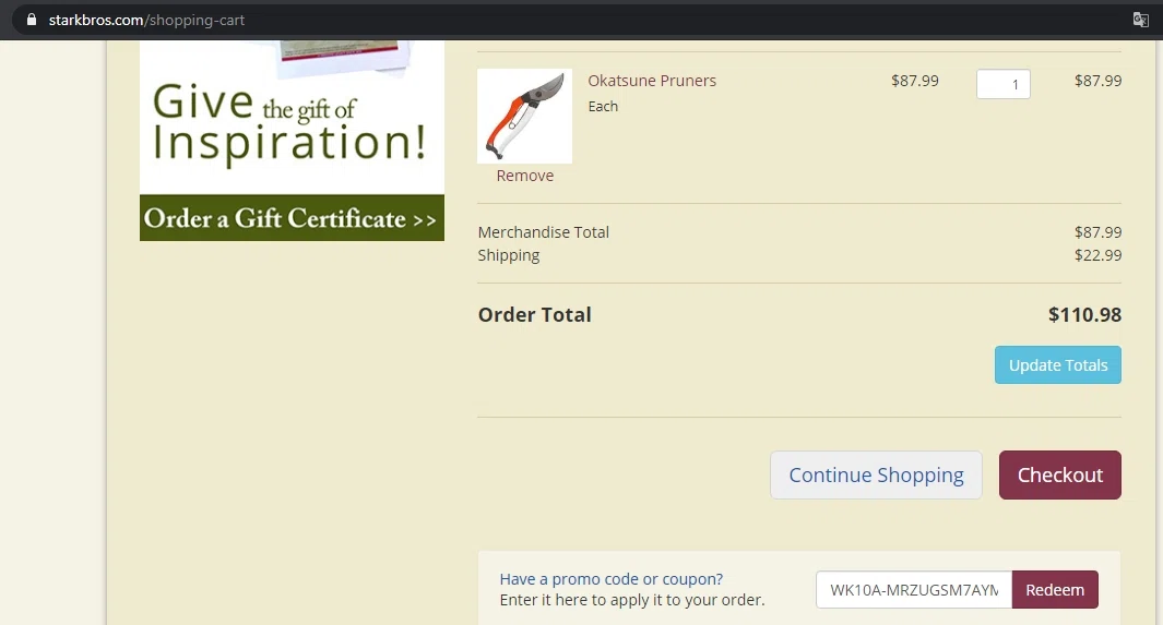 where to use Stark Bro's promo code box