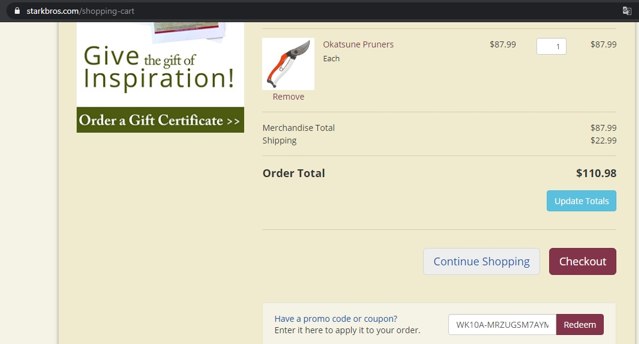 Stark Bro's checkout page showing Stark Bro's promo code box | Screenshot taken by SimplyCodes community member on May 3, 2021