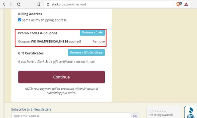 Stark Bro's checkout page showing Stark Bro's promo code box | Screenshot taken by SimplyCodes community member on May 3, 2021