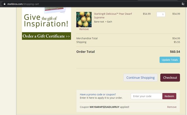 Stark Bro's checkout page showing Stark Bro's promo code box | Screenshot taken by SimplyCodes community member on May 5, 2021