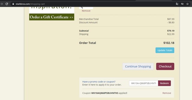Stark Bro's checkout page showing Stark Bro's promo code box | Screenshot taken by SimplyCodes community member on May 7, 2021