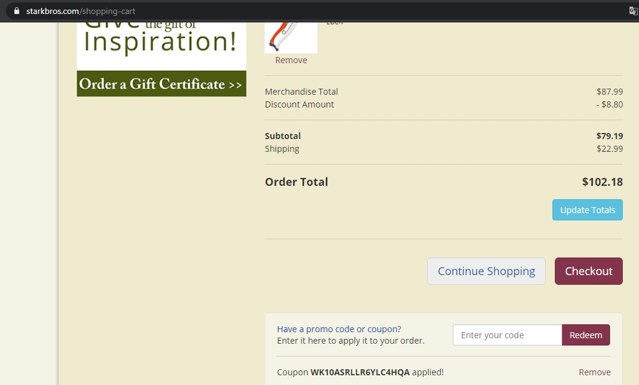 Stark Bro's checkout page showing Stark Bro's promo code box | Screenshot taken by SimplyCodes community member on May 9, 2021