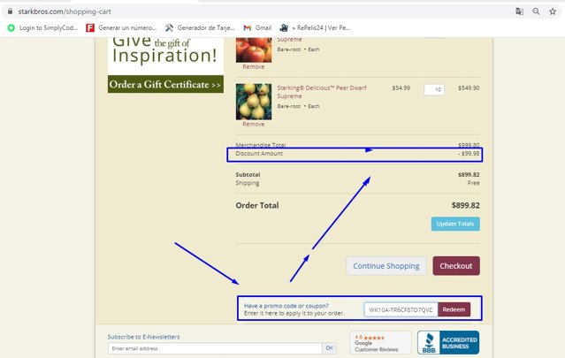 Stark Bro's checkout page showing Stark Bro's promo code box | Screenshot taken by SimplyCodes community member on May 10, 2021