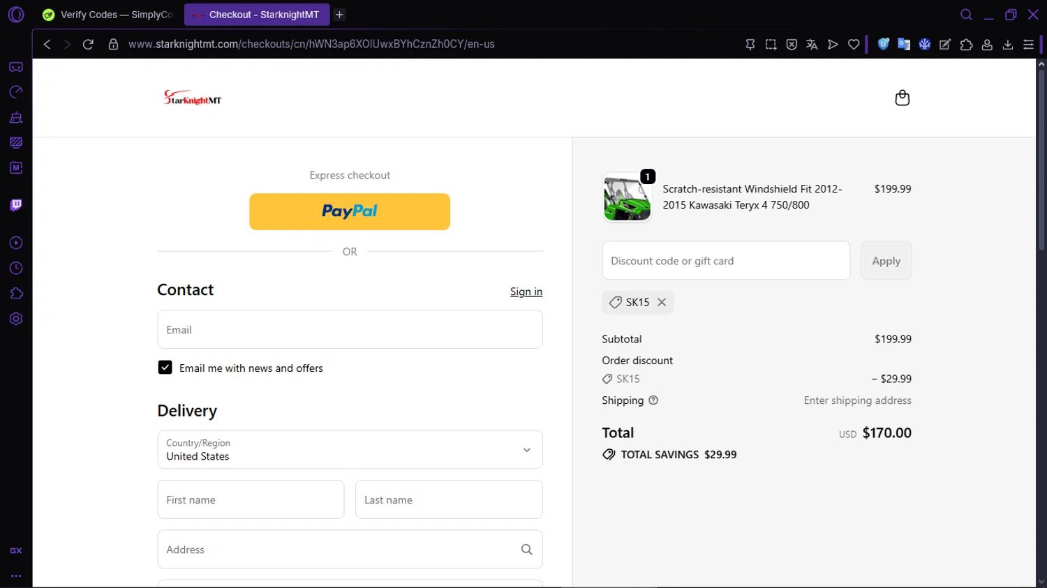 StarKnightMT promo code screenshot showing code SK15 applied at StarKnightMT checkout page. Uploaded by SimplyCodes community member RewardLion134 on Oct 1, 2025