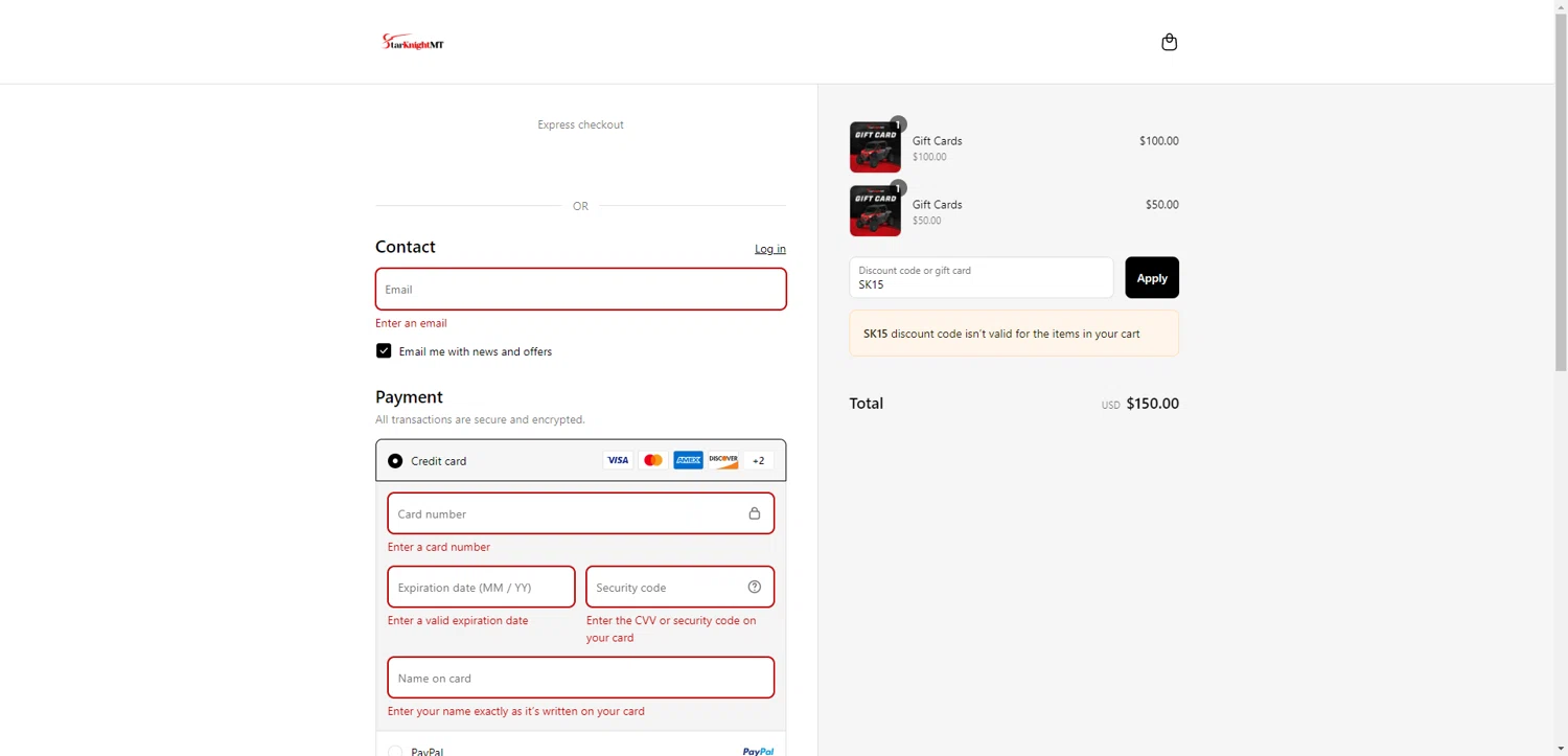 StarKnightMT promo code screenshot showing code SK15 applied at StarKnightMT checkout page. Uploaded by SimplyCodes community member ScanRanger3503 on Sep 6, 2025