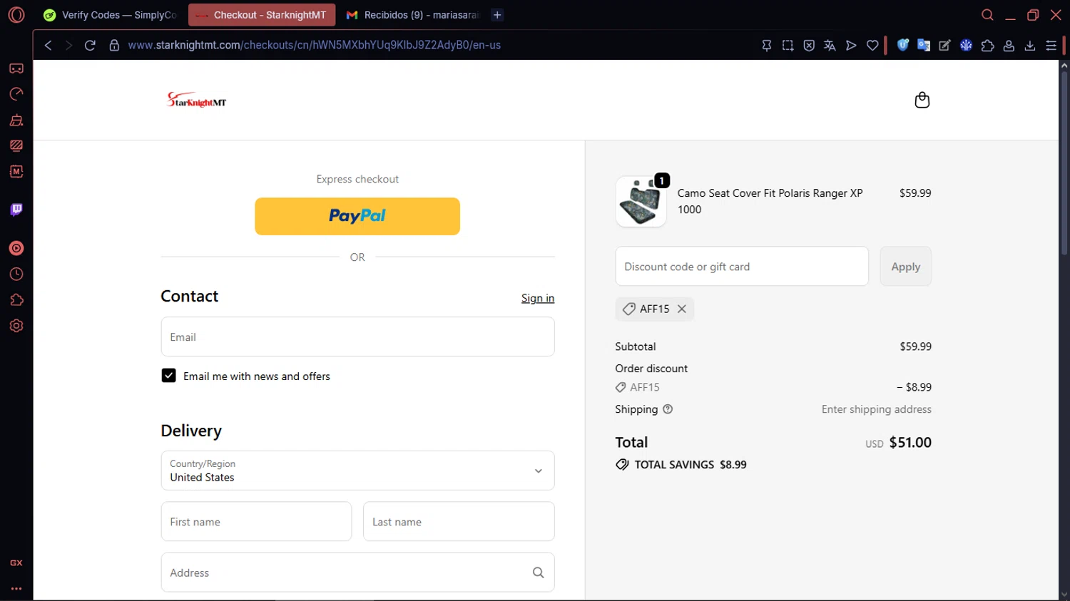 StarKnightMT promo code screenshot showing code AFF15 applied at StarKnightMT checkout page. Uploaded by SimplyCodes community member MoneySentinel1166 on Nov 16, 2025