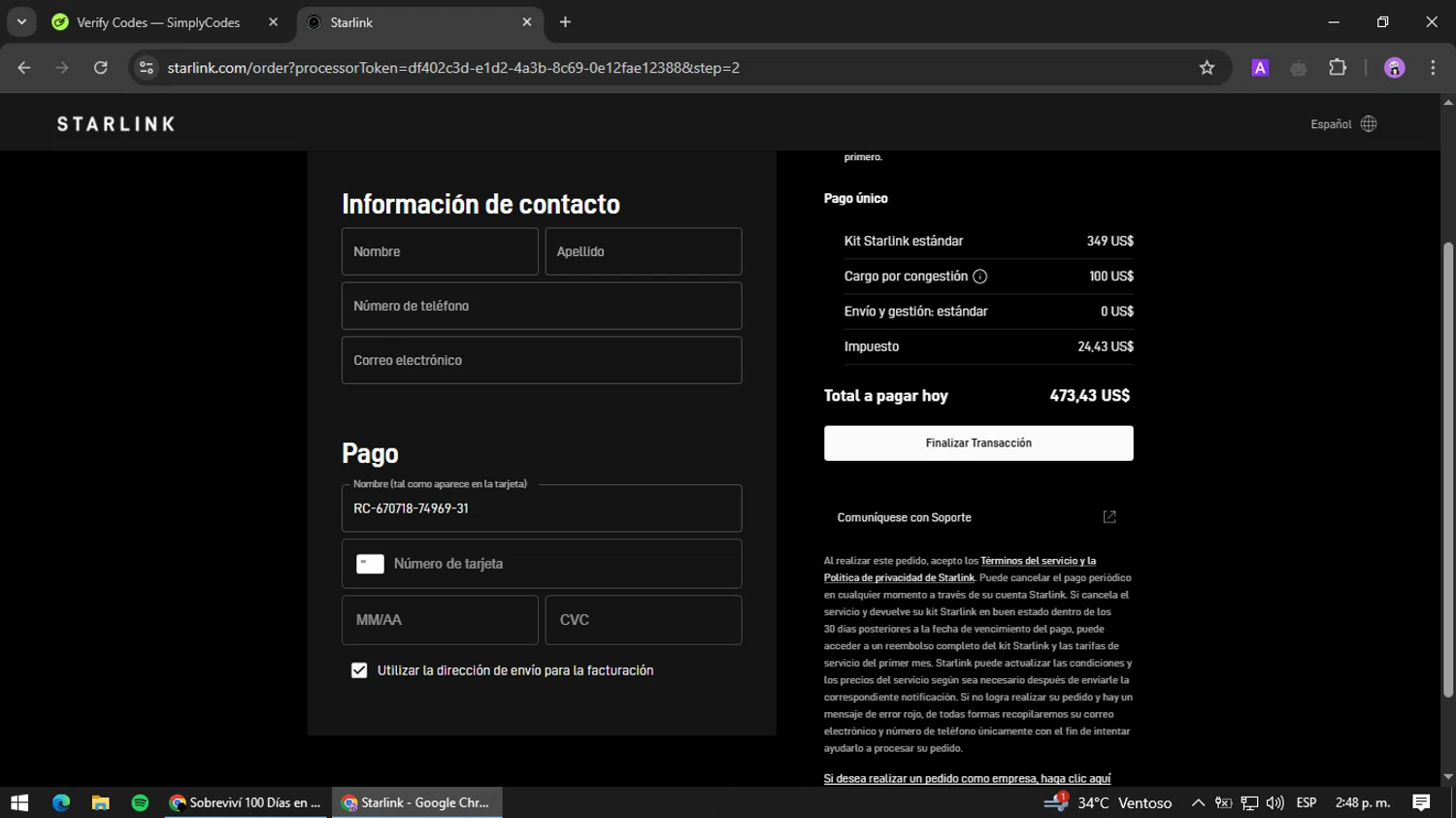 Starlink Internet checkout page showing Starlink Internet discount code box | Screenshot taken by SimplyCodes community member on Mar 24, 2025