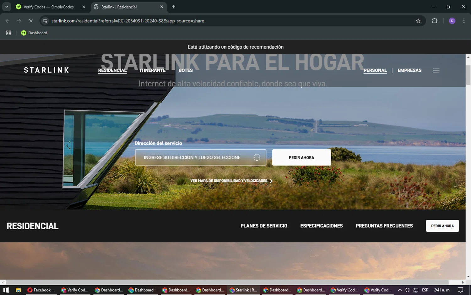 Starlink Internet checkout page showing Starlink Internet discount code box | Screenshot taken by SimplyCodes community member on Jan 9, 2025