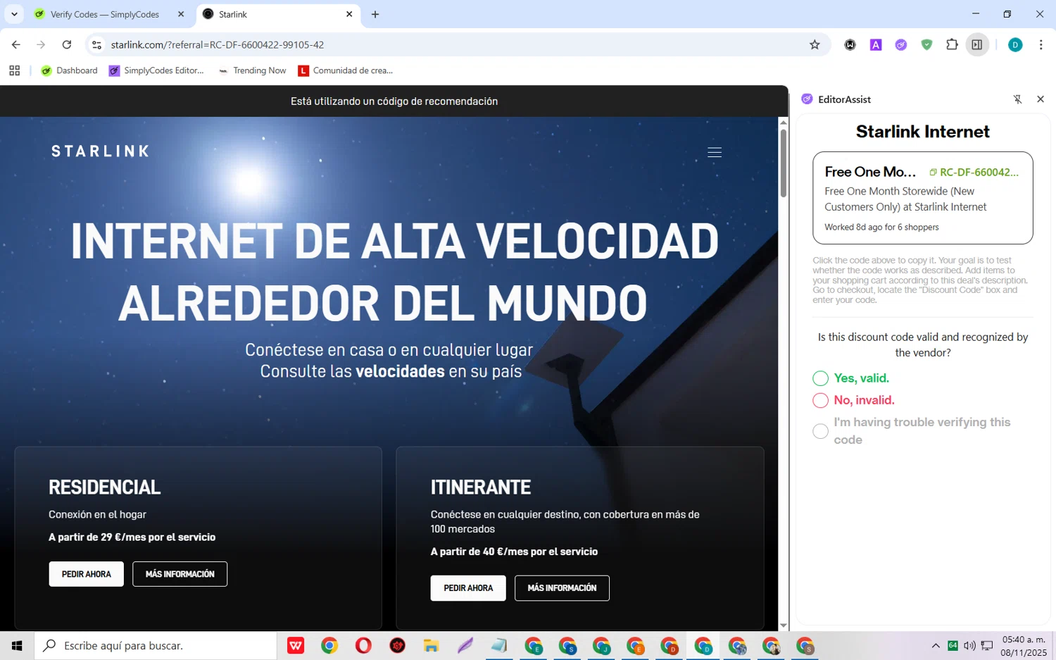 Starlink Internet discount code screenshot showing code RC-DF-6600422-99105-42 applied at Starlink Internet checkout page. Uploaded by SimplyCodes community member MagnificentCollector5368 on Nov 8, 2025