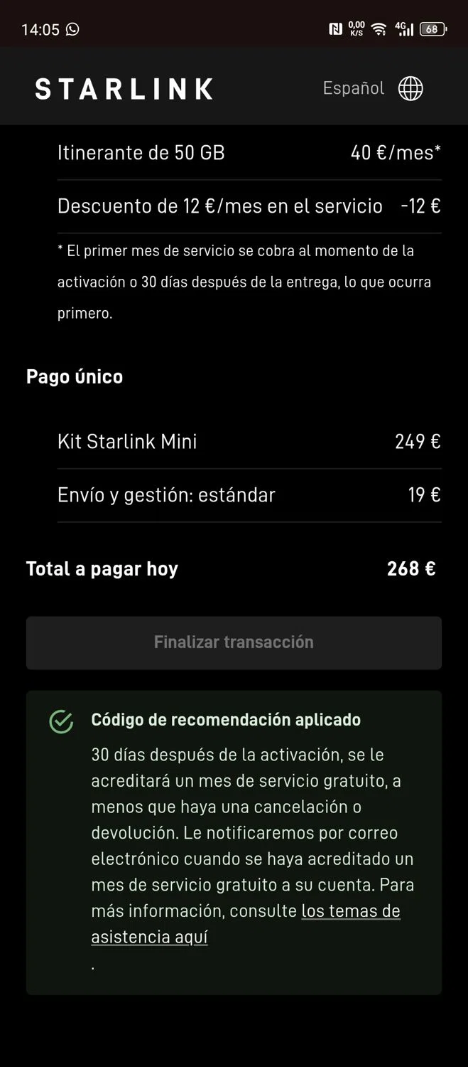 Starlink Internet discount code screenshot showing code RC-DF-6600422-99105-42 applied at Starlink Internet checkout page. Uploaded by SimplyCodes community member Papiee on Nov 8, 2025