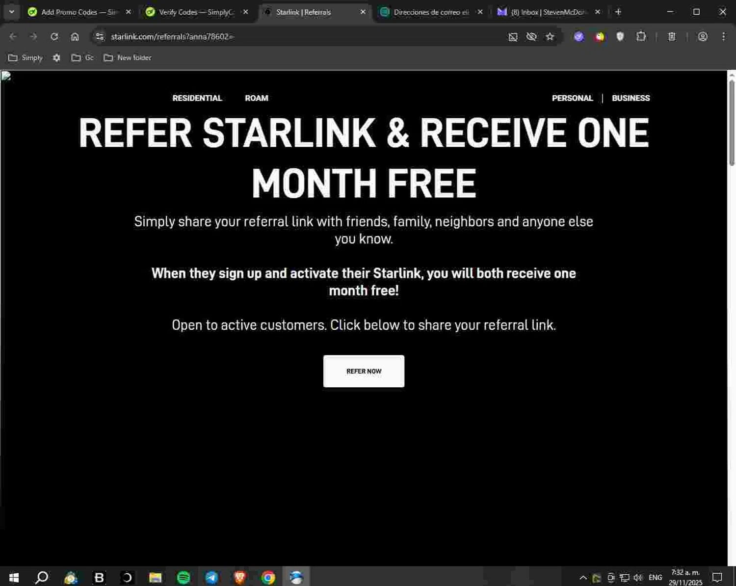Starlink Internet discount code screenshot showing code anna78602 applied at Starlink Internet checkout page. Uploaded by SimplyCodes community member Deadpool on Nov 29, 2025