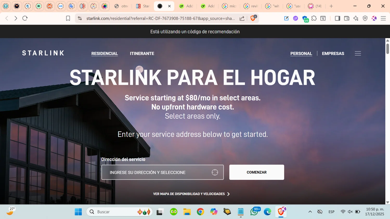 Starlink Internet discount code screenshot showing code 7673908 applied at Starlink Internet checkout page. Uploaded by SimplyCodes community member cosita on Dec 18, 2025