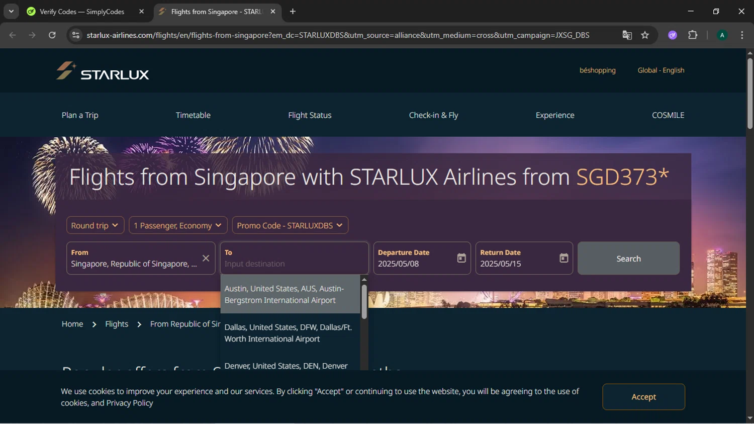 STARLUX Airlines  US promo code screenshot showing code STARLUXDBS applied at STARLUX Airlines  US checkout page. Uploaded by SimplyCodes community member HAOJIN on May 1, 2025