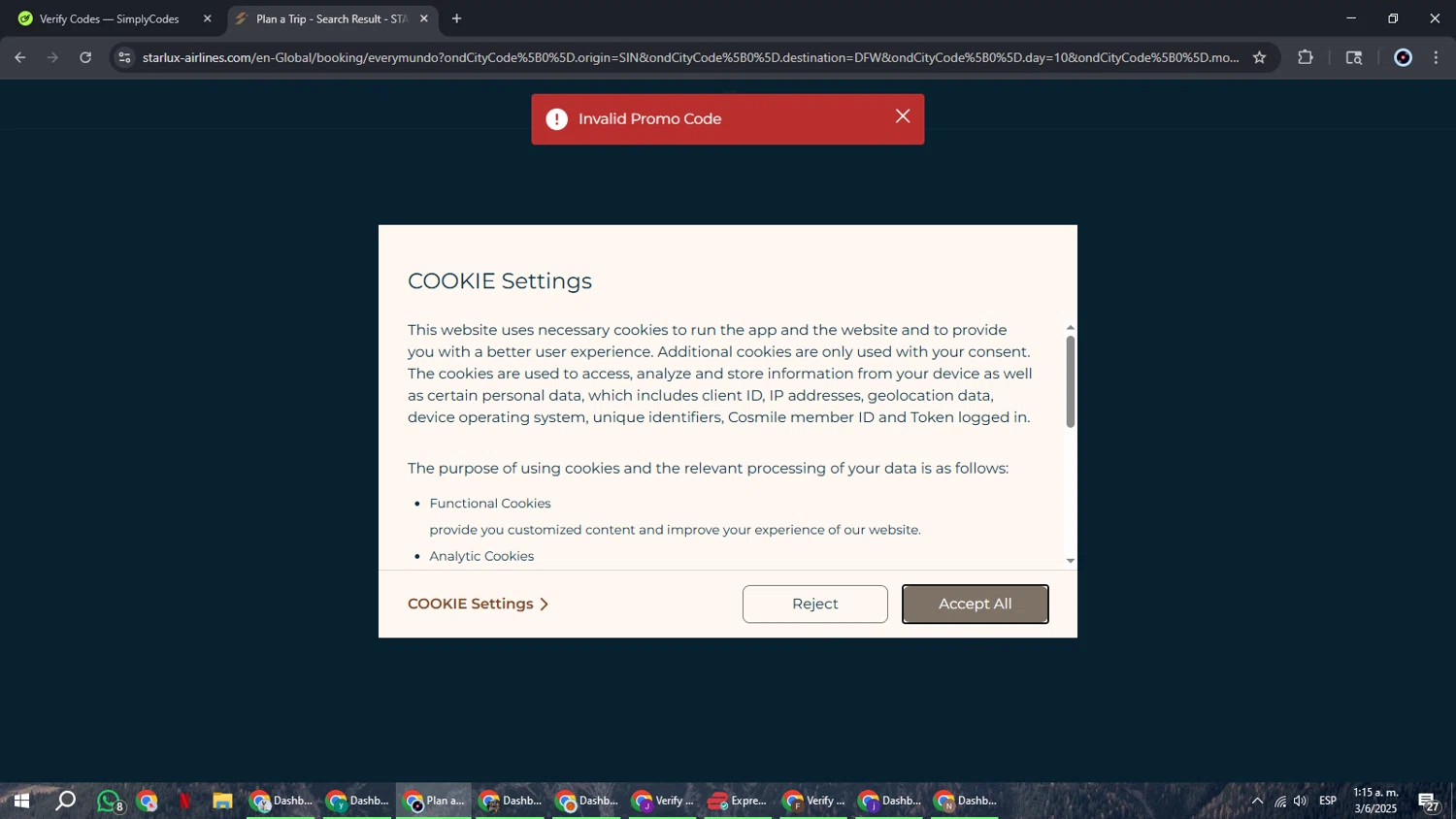 STARLUX Airlines  US promo code screenshot showing code STARLUXDBS applied at STARLUX Airlines  US checkout page. Uploaded by SimplyCodes community member RoyalBoss4384 on Jun 3, 2025