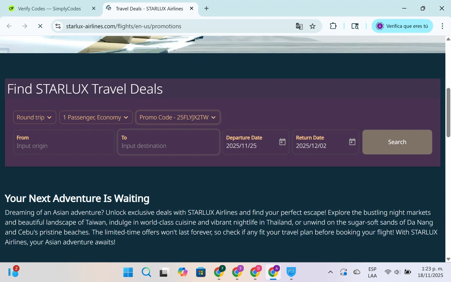 STARLUX Airlines  US promo code screenshot showing code 25FLYJX2TW applied at STARLUX Airlines  US checkout page. Uploaded by SimplyCodes community member SEANJOHN55 on Nov 18, 2025