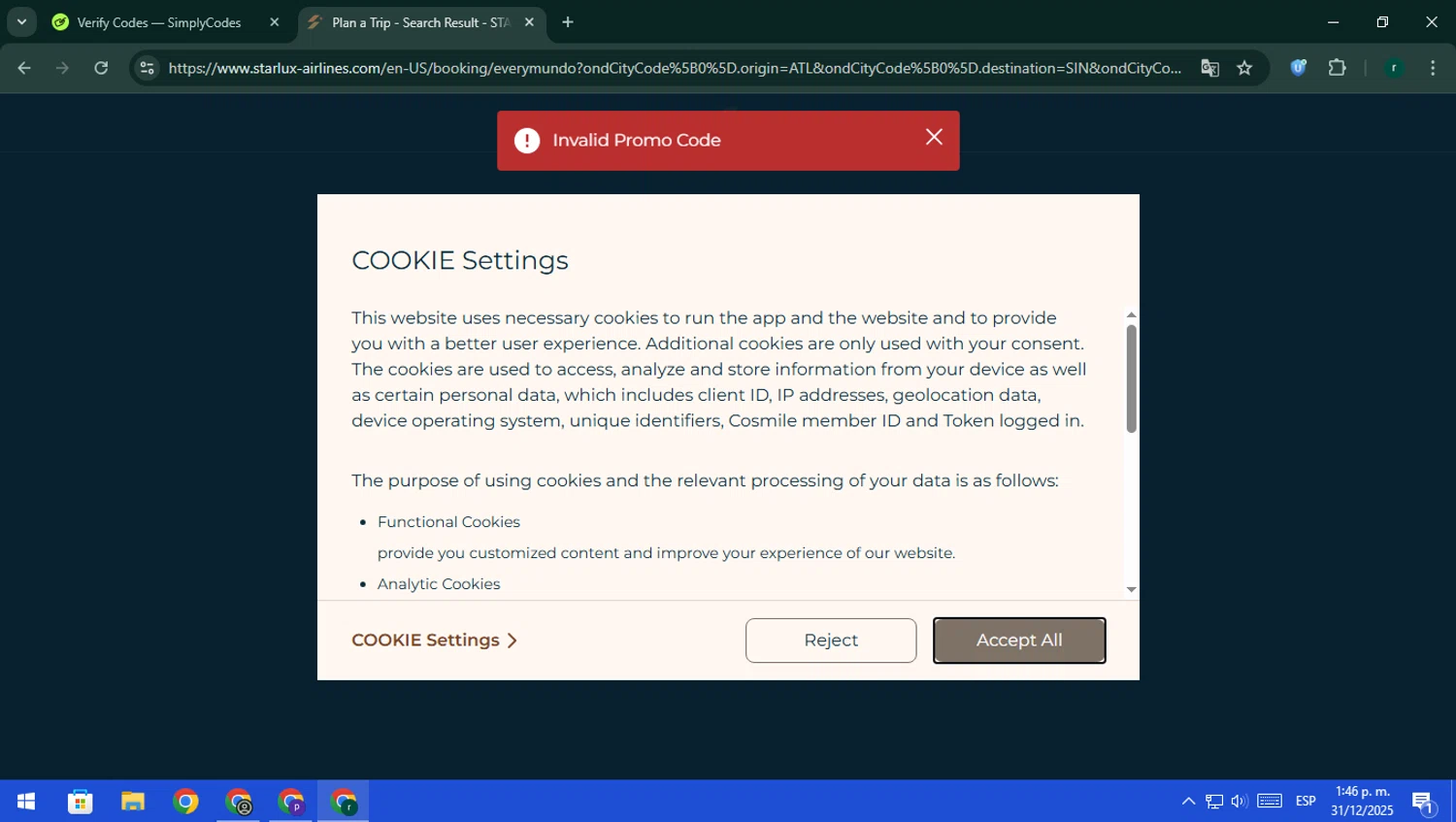 STARLUX Airlines  US promo code screenshot showing code 25FLYJX2TW applied at STARLUX Airlines  US checkout page. Uploaded by SimplyCodes community member rodri1 on Dec 31, 2025