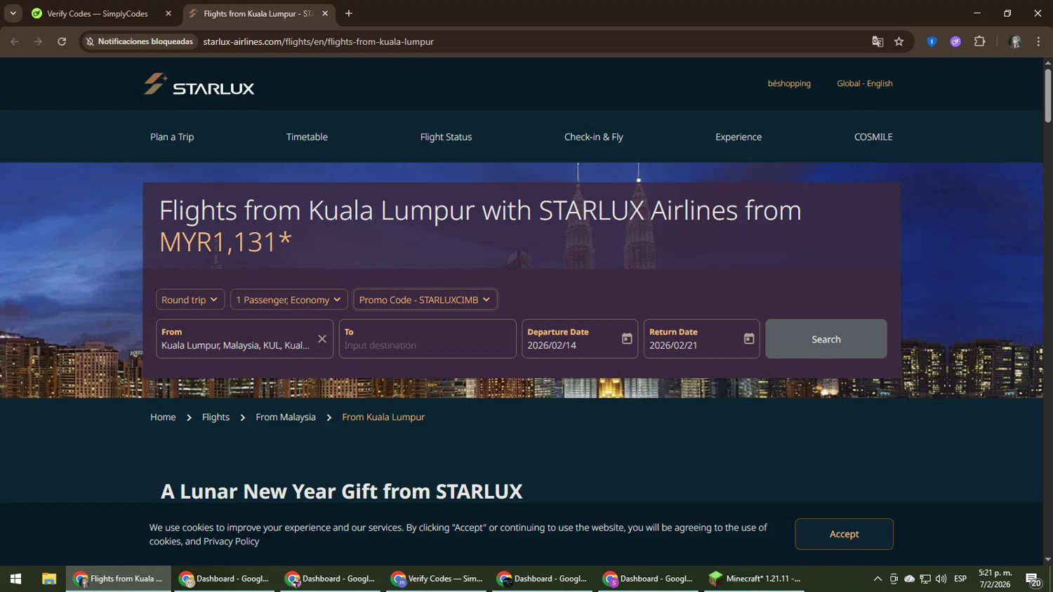 STARLUX Airlines  US checkout page showing STARLUX Airlines  US promo code box | Screenshot taken by SimplyCodes community member on Feb 7, 2026