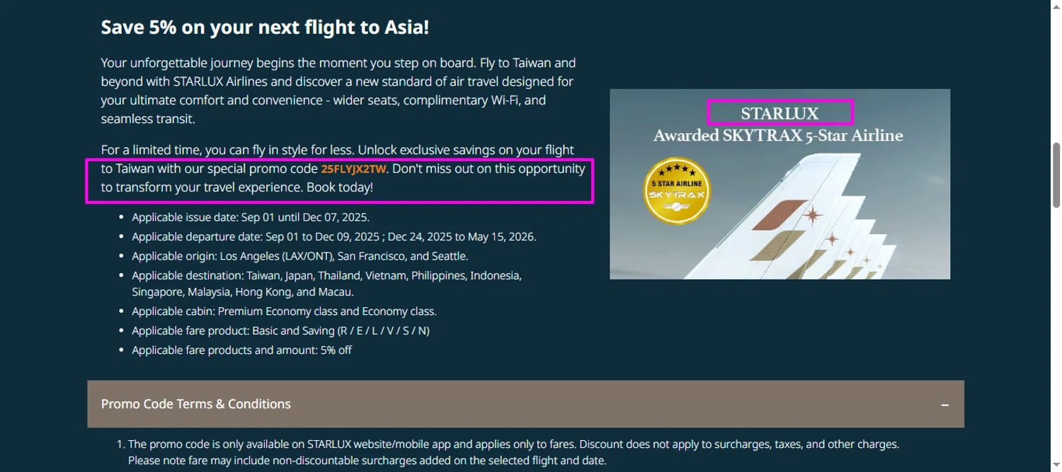 STARLUX Airlines  US promo code screenshot showing code 25FLYJX2TW applied at STARLUX Airlines  US checkout page. Uploaded by SimplyCodes community member mrdarcy on Dec 2, 2025