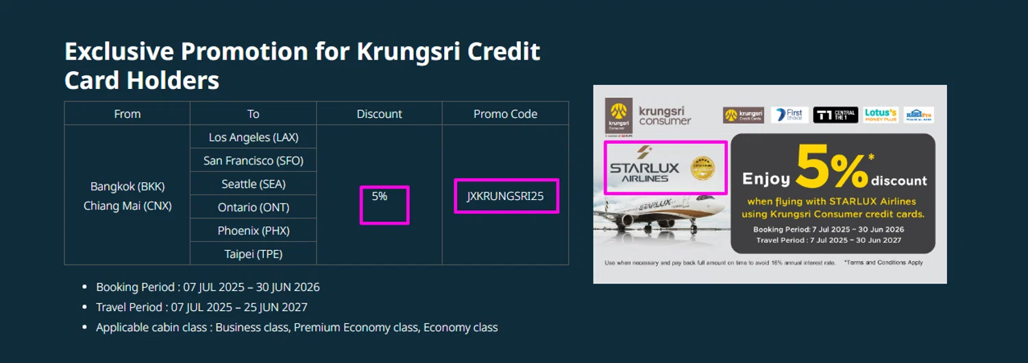 STARLUX Airlines  US promo code screenshot showing code JXKRUNGSRI25 applied at STARLUX Airlines  US checkout page. Uploaded by SimplyCodes community member mrdarcy on Feb 24, 2026