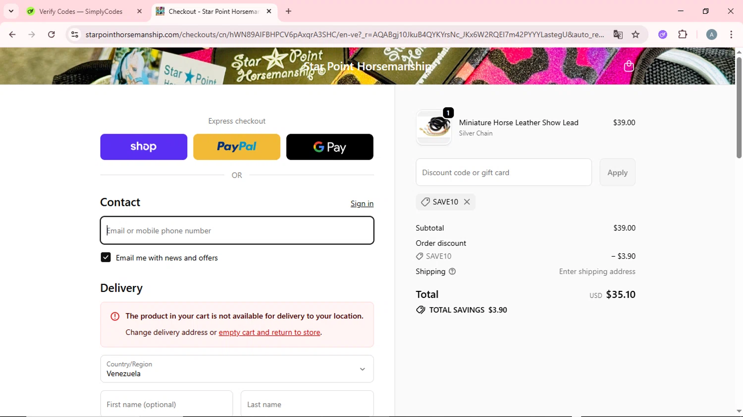 Star Point Horsemanship promo code screenshot showing code SAVE10 applied at Star Point Horsemanship checkout page. Uploaded by SimplyCodes community member CrownSpotter6947 on Jan 28, 2026