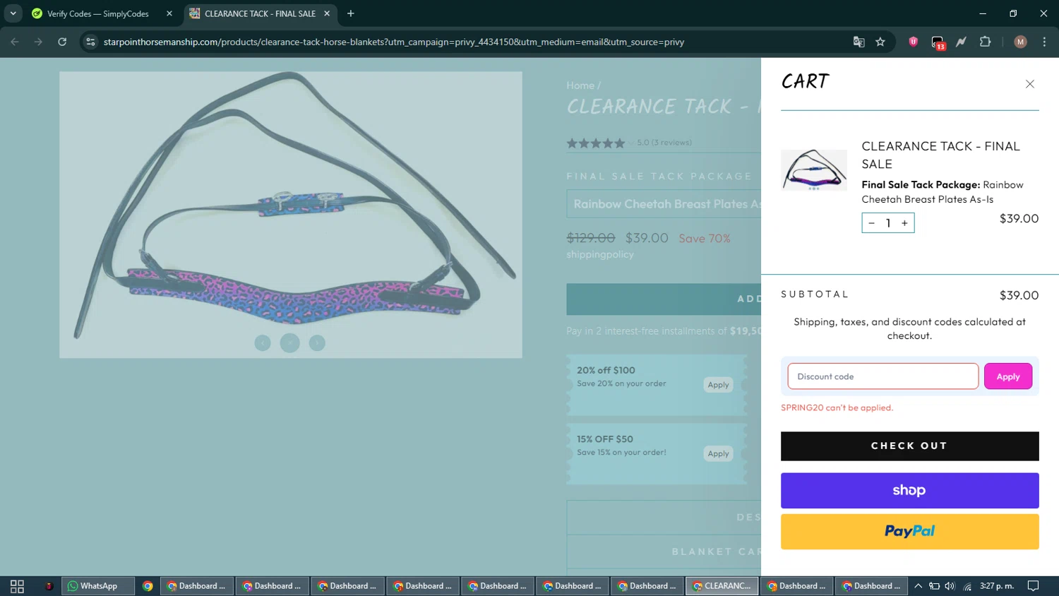Star Point Horsemanship promo code screenshot showing code SPRING20 applied at Star Point Horsemanship checkout page. Uploaded by SimplyCodes community member DiscountTitan4635 on Jan 9, 2026