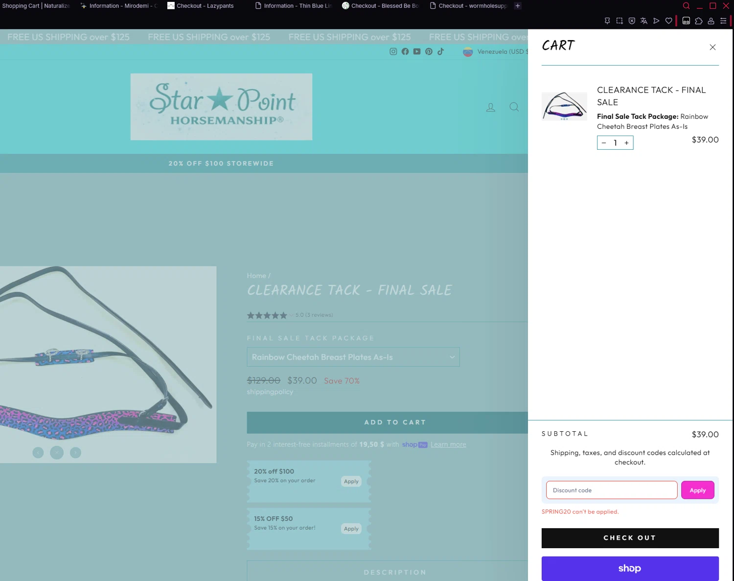 Star Point Horsemanship promo code screenshot showing code SPRING20 applied at Star Point Horsemanship checkout page. Uploaded by SimplyCodes community member Halanweik on Jan 9, 2026