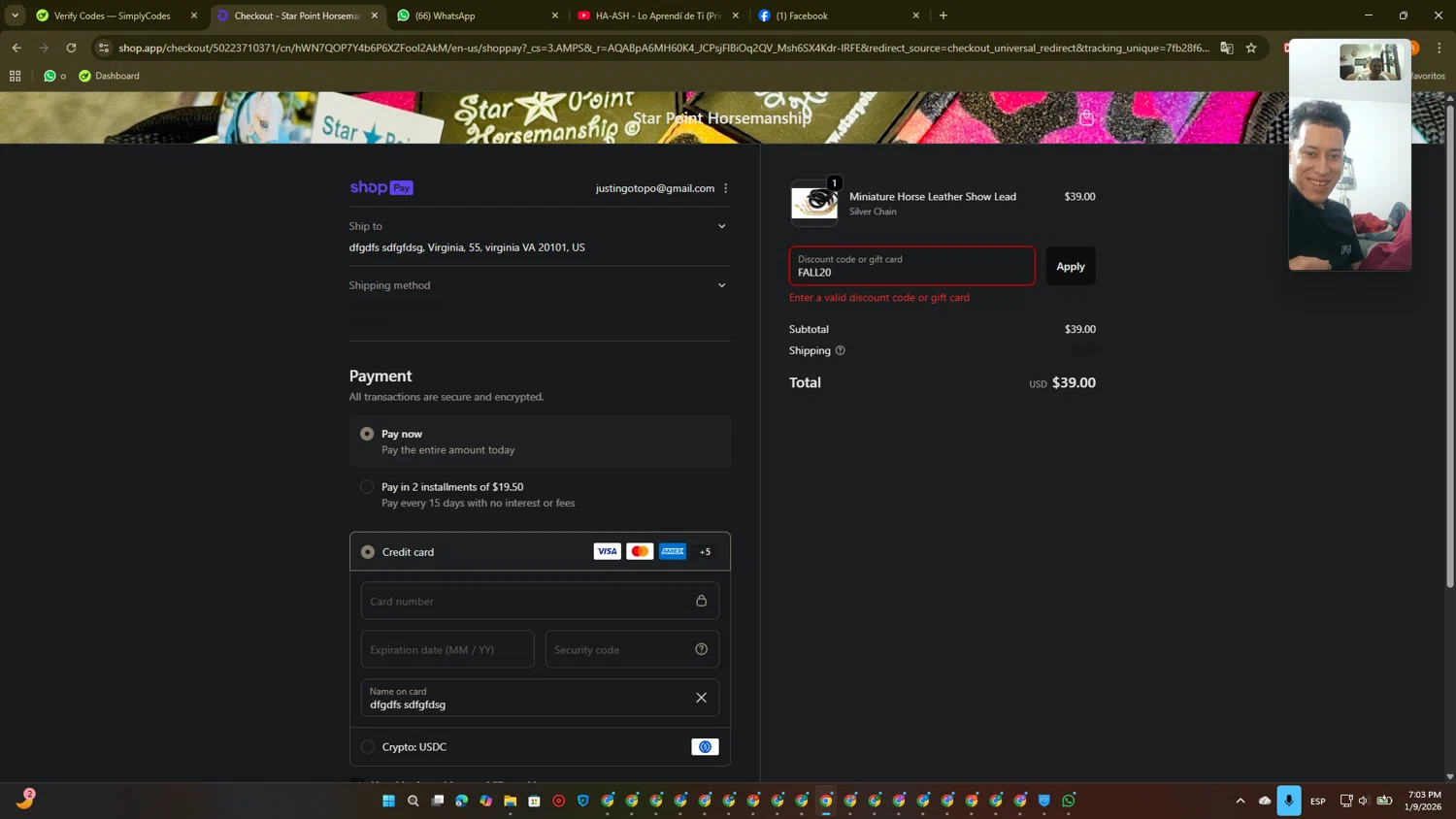 Star Point Horsemanship promo code screenshot showing code FALL20 applied at Star Point Horsemanship checkout page. Uploaded by SimplyCodes community member PromoTitan1625 on Jan 9, 2026