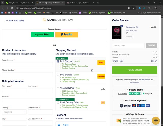 StarRegistration.net checkout page showing StarRegistration.net promo code box | Screenshot taken by SimplyCodes community member on Aug 20, 2025