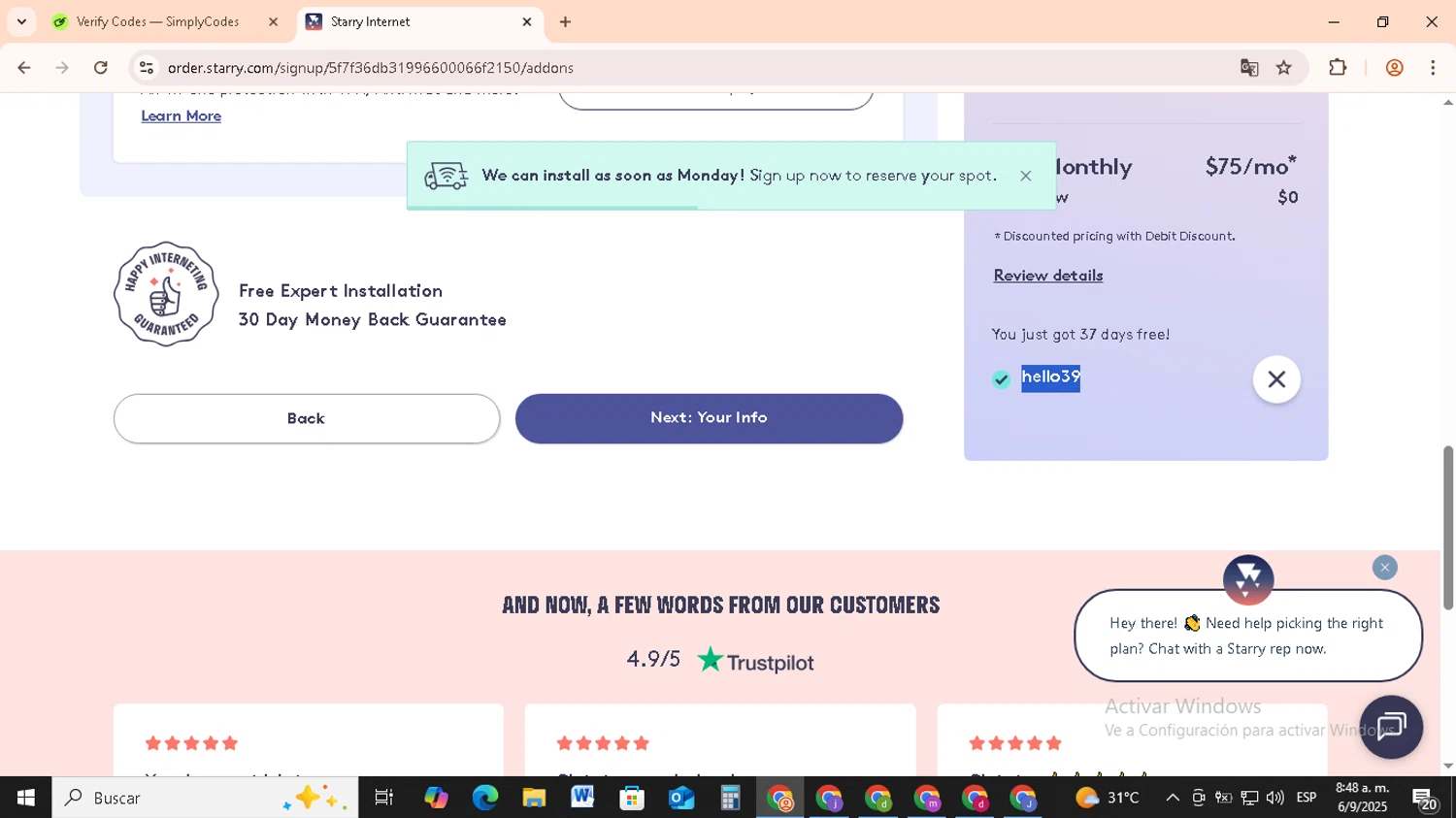 Starry promo code screenshot showing code HELLO39 applied at Starry checkout page. Uploaded by SimplyCodes community member RebateCollector5909 on Sep 6, 2025