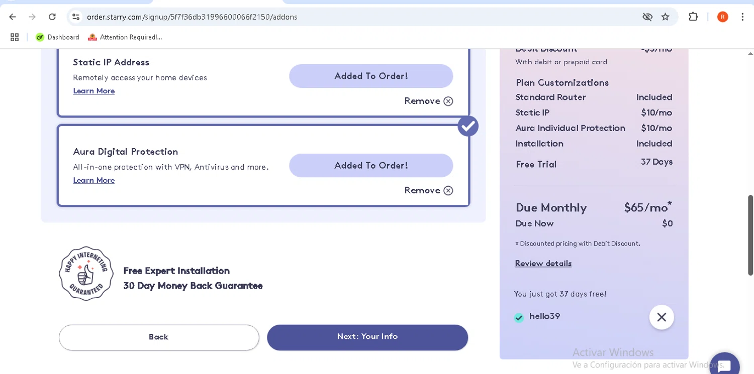 Starry promo code screenshot showing code HELLO39 applied at Starry checkout page. Uploaded by SimplyCodes community member rodolfocaraballo on Aug 8, 2025