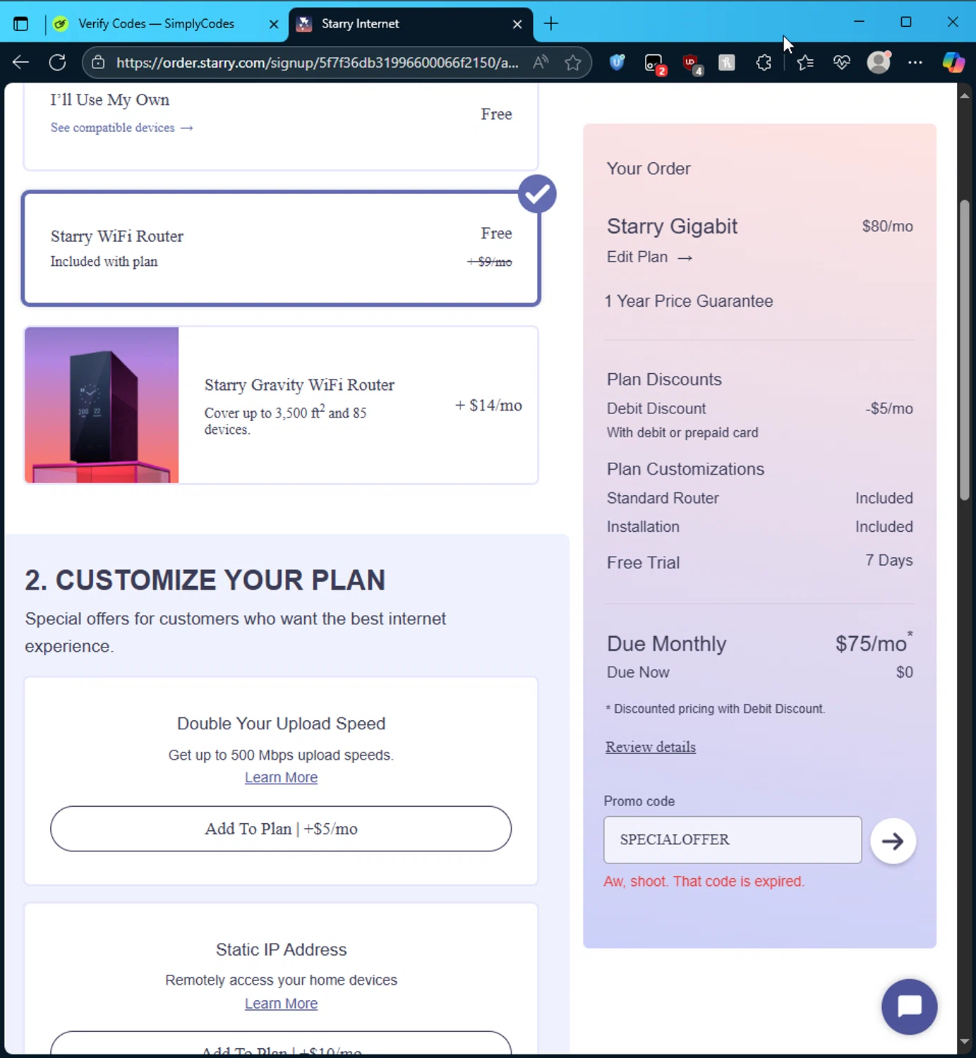 Starry promo code screenshot showing code SPECIALOFFER applied at Starry checkout page. Uploaded by SimplyCodes community member DonutPunks on Aug 6, 2025