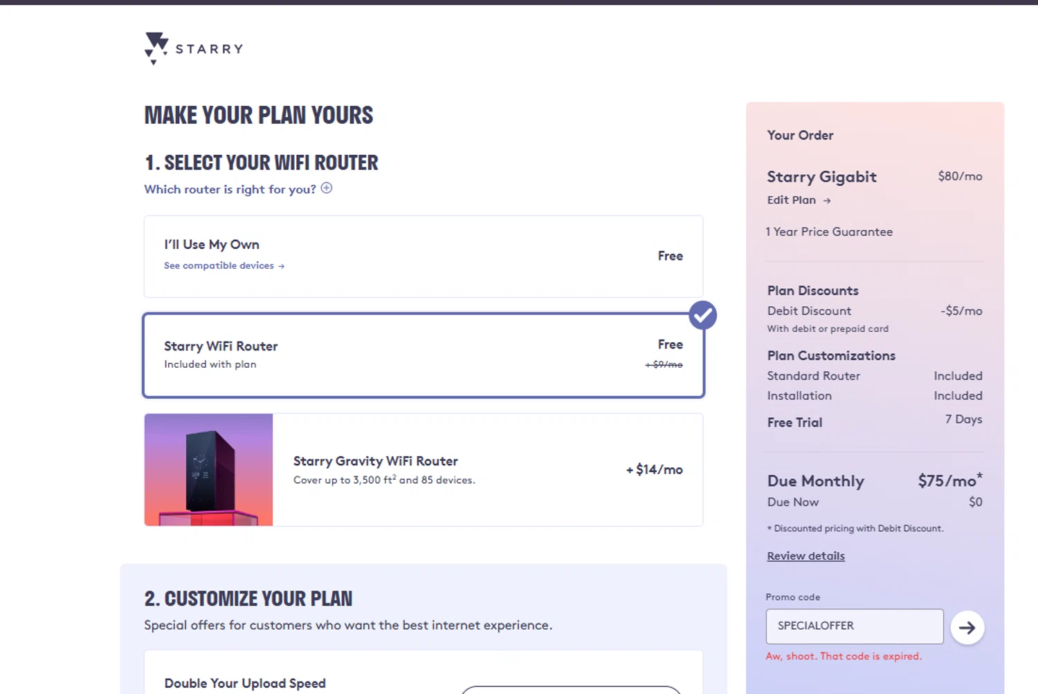 Starry promo code screenshot showing code SPECIALOFFER applied at Starry checkout page. Uploaded by SimplyCodes community member Woskal on Aug 6, 2025