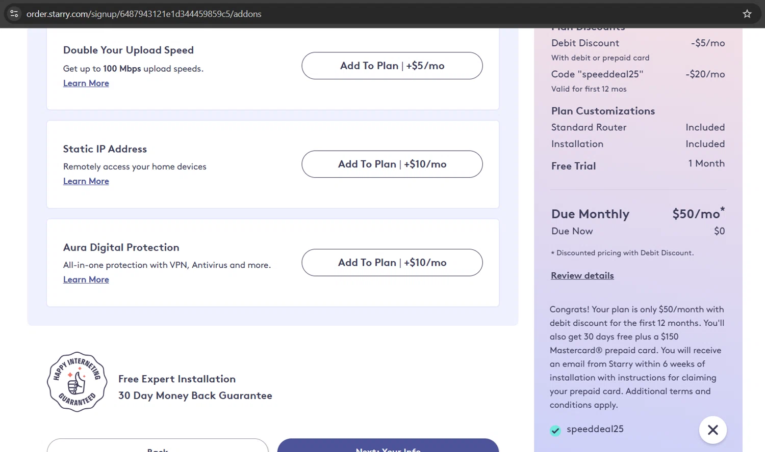 Starry promo code screenshot showing code SPEEDDEAL25 applied at Starry checkout page. Uploaded by SimplyCodes community member Gray_75 on Sep 17, 2025