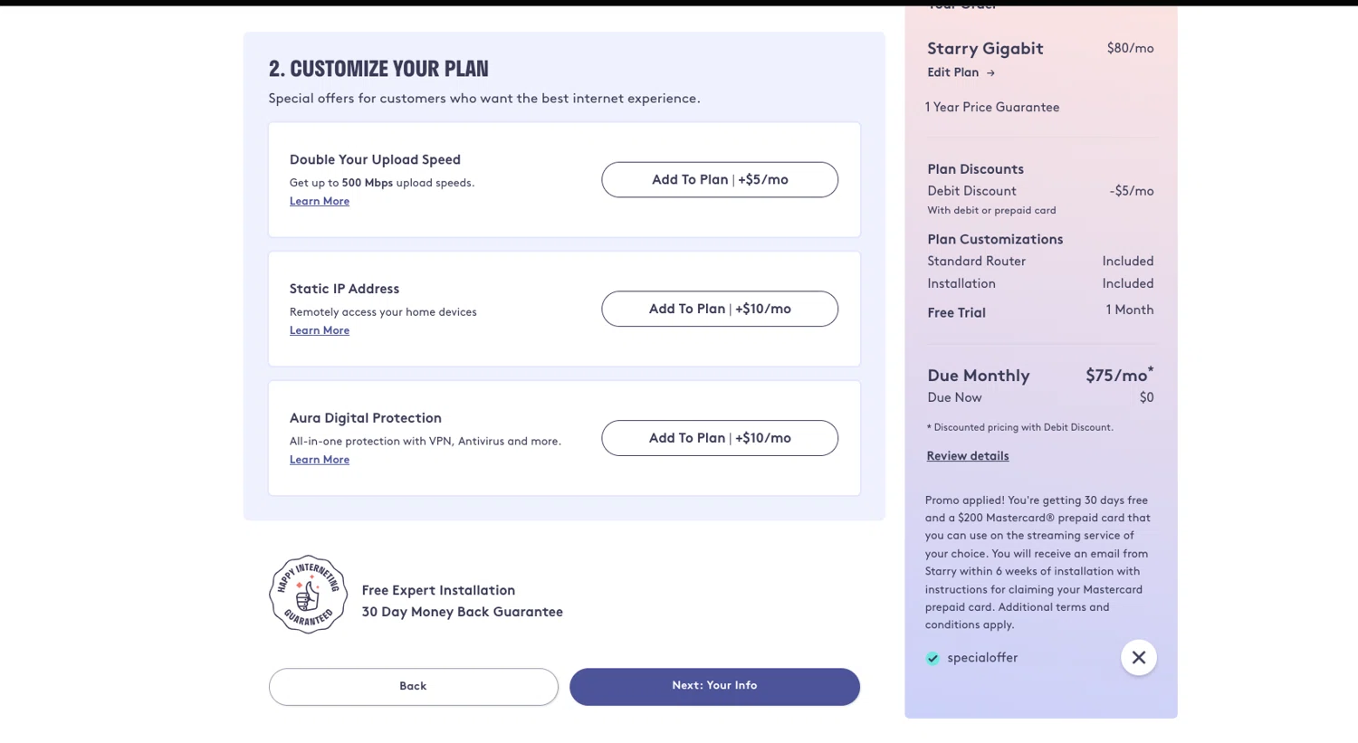 Starry promo code screenshot showing code SPECIALOFFER applied at Starry checkout page. Uploaded by SimplyCodes community member ELOIN777 on Jul 9, 2025