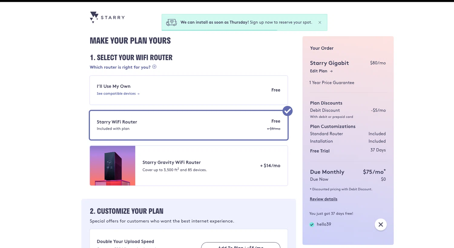 Starry promo code screenshot showing code HELLO39 applied at Starry checkout page. Uploaded by SimplyCodes community member ELOIN777 on Jul 9, 2025