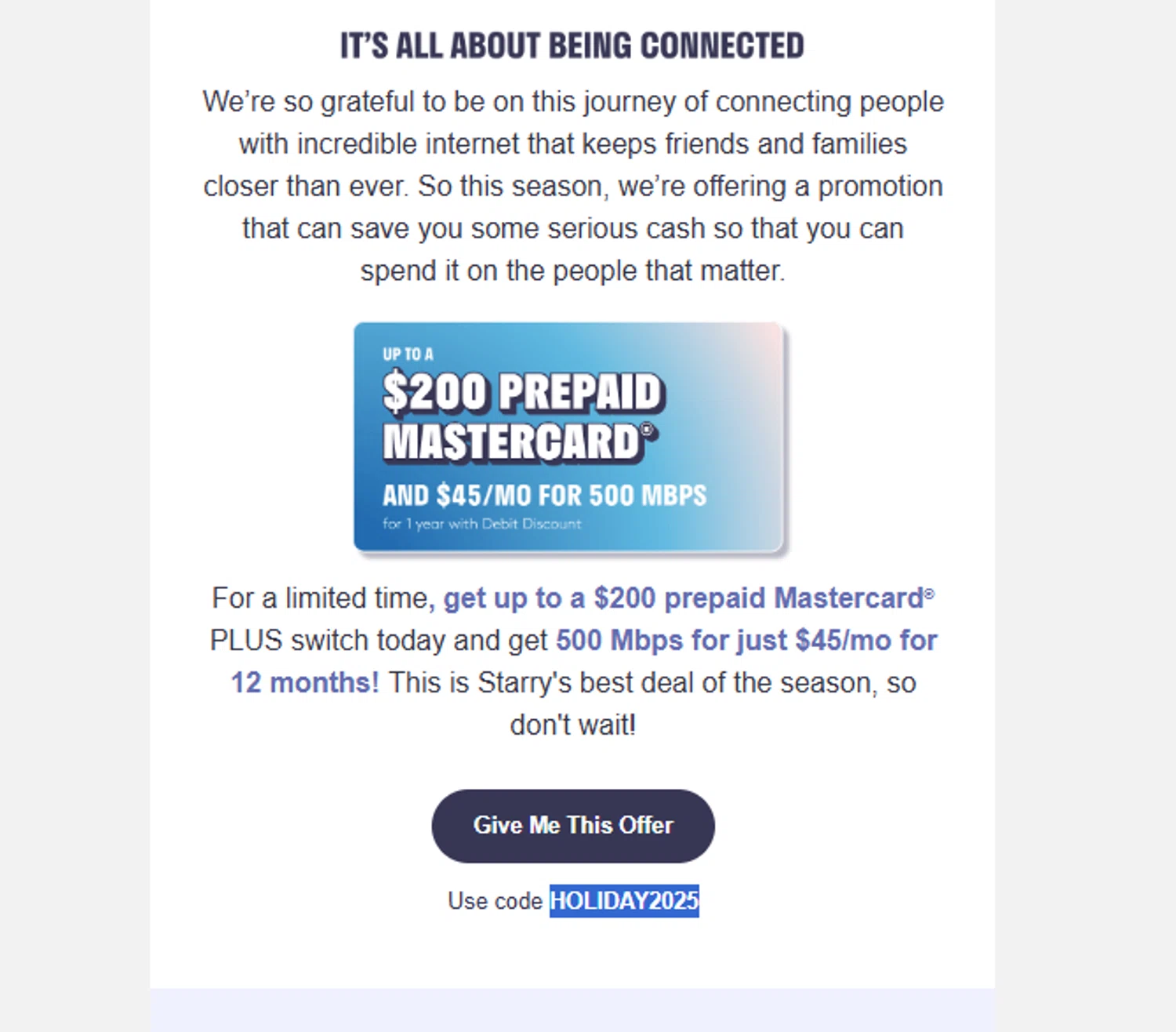 Starry promo code screenshot showing code HOLIDAY2025 applied at Starry checkout page. Uploaded by SimplyCodes community member BYEEEE on Nov 11, 2025