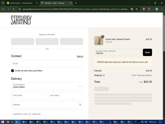 Stars + Honey checkout page showing Stars + Honey discount code box | Screenshot taken by SimplyCodes community member on Sep 15, 2025