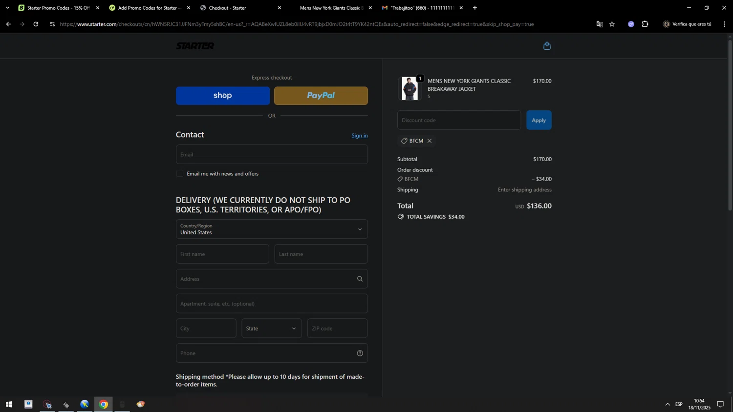 Starter coupon code screenshot showing code bfcm applied at Starter checkout page. Uploaded by SimplyCodes community member MarcosAranguren on Nov 18, 2025