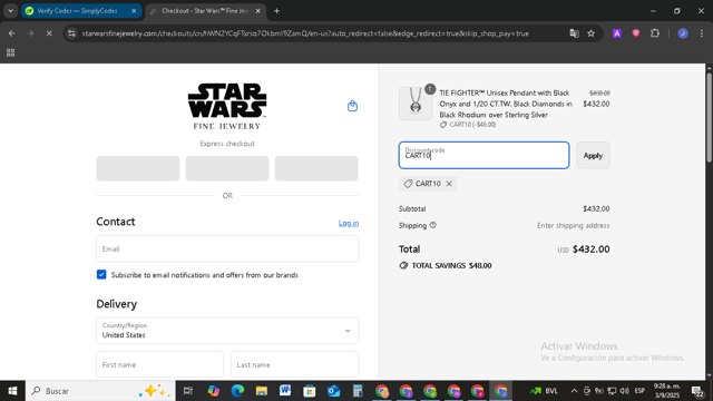 Star Wars Fine Jewelry checkout page showing Star Wars Fine Jewelry discount code box | Screenshot taken by SimplyCodes community member on Sep 3, 2025