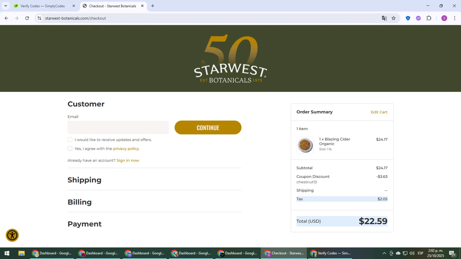 Starwest Botanicals coupon code screenshot showing code chestnut15 applied at Starwest Botanicals checkout page. Uploaded by SimplyCodes community member Son_Goku on Oct 25, 2025