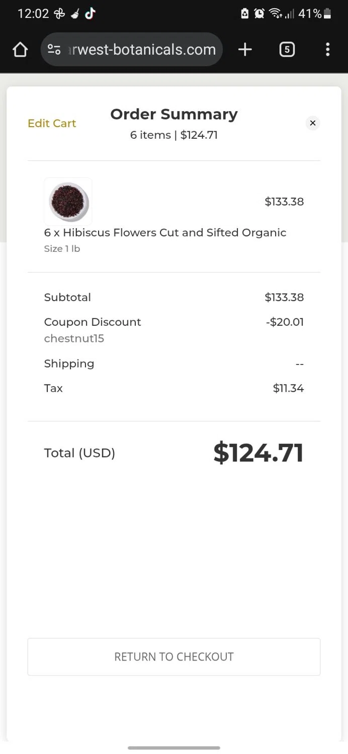 Starwest Botanicals coupon code screenshot showing code chestnut15 applied at Starwest Botanicals checkout page. Uploaded by SimplyCodes community member miguelcrast on Nov 16, 2025