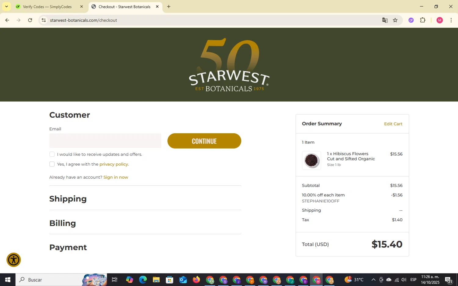 Starwest Botanicals coupon code screenshot showing code stephanie10off applied at Starwest Botanicals checkout page. Uploaded by SimplyCodes community member BargainLegend7375 on Oct 14, 2025