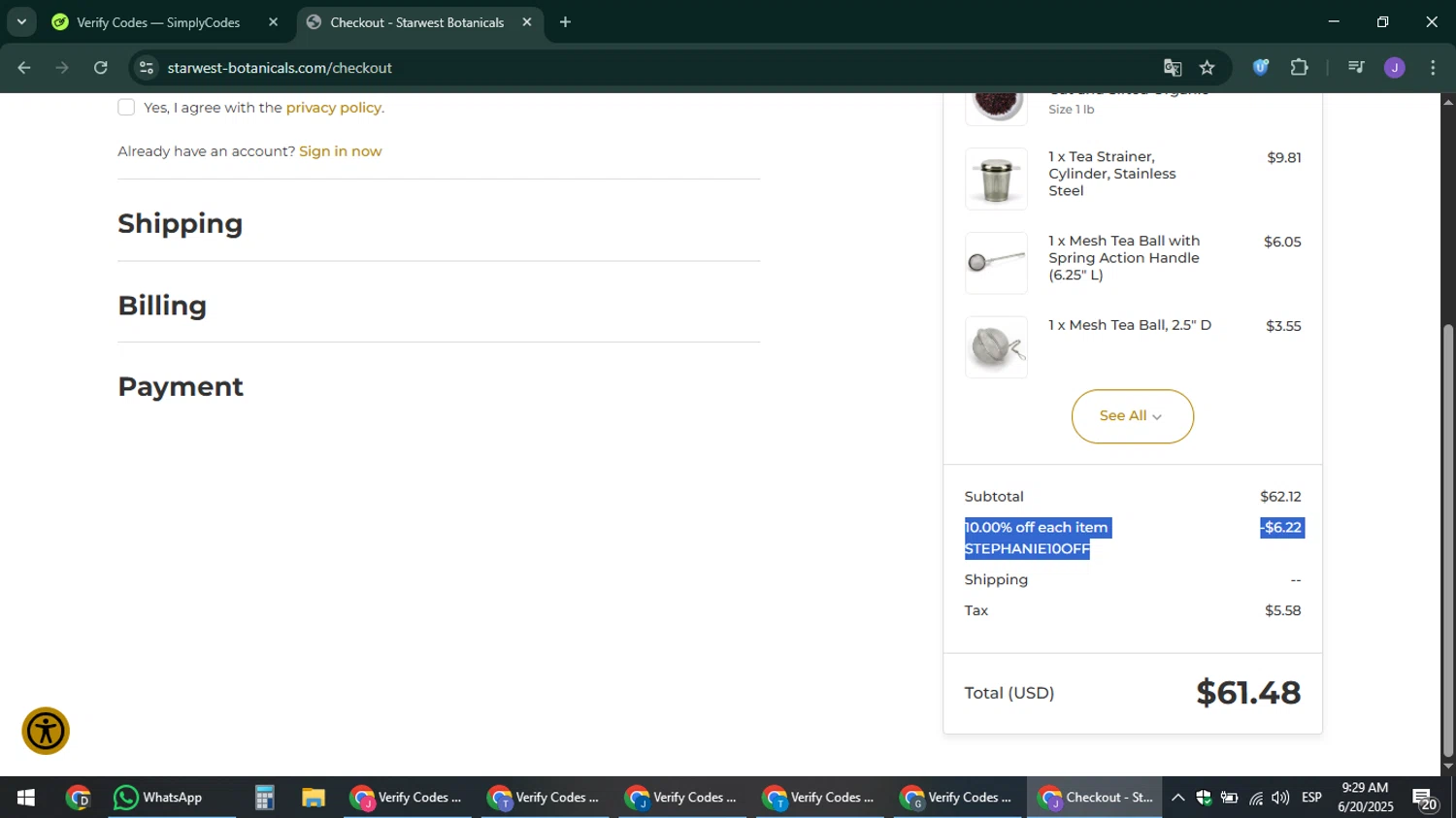 Starwest Botanicals coupon code screenshot showing code stephanie10off applied at Starwest Botanicals checkout page. Uploaded by SimplyCodes community member sniderjack453 on Jun 20, 2025