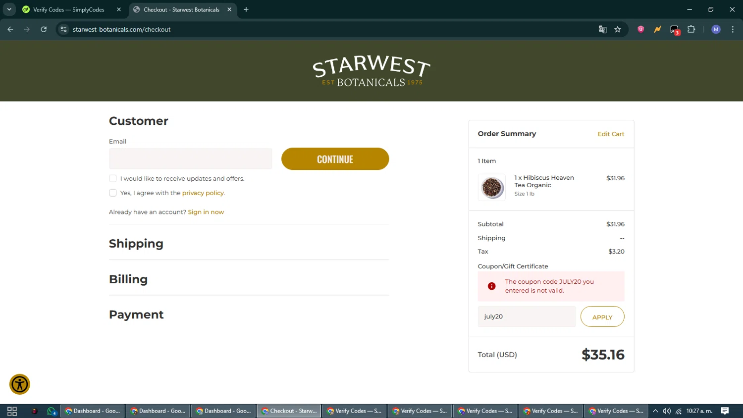 Starwest Botanicals coupon code screenshot showing code july20 applied at Starwest Botanicals checkout page. Uploaded by SimplyCodes community member VoucherCurator824 on Jul 30, 2025